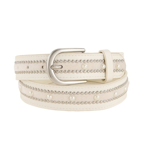 SWSMCLT Women's Metal Adjustable Belts Fashion Belt Buckle Faux Leather Beaded Travel D Ring Fall Cute Metal Buckle White X-Small-Large
