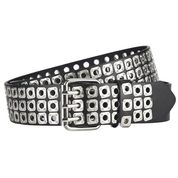 SWSMCLT Women's Metal Adjustable Grommet Belts Faux Leather Belt Fashion Cyberpunk Groove Belt Steampunk Buckle Black Silver X-Small-Large