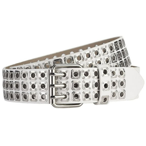 SWSMCLT Women's Metal Adjustable Grommet Belts Faux Leather Belt Fashion Cyberpunk Groove Belt Steampunk Buckle White X-Small-Large