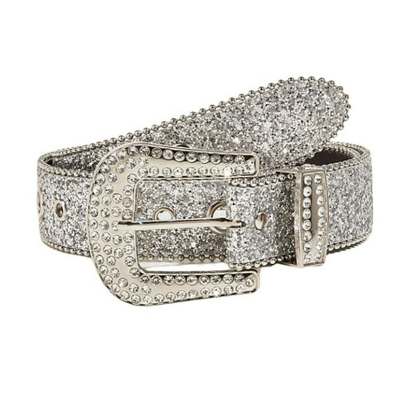 SWSMCLT Women's Metal Belt Fashion Buckle Bling Metal Buckle Beaded Luxury Square Casual Fall Club Rhinestone 38Silver Medium-Large