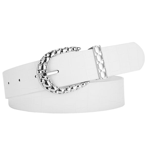 SWSMCLT Women's Metal Belt Faux Leather Groove Belt Vintage Travel Casual Metal Buckle Fall Adjustable Belts White X-Small-Large