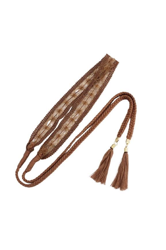 Women's Metal Braided Belt Fringe Rope Tie Belts for Dress Braided Holeless Woven Medium Boho Bohemian Slim Date Night Tassel Cute Spring Umber One Size
