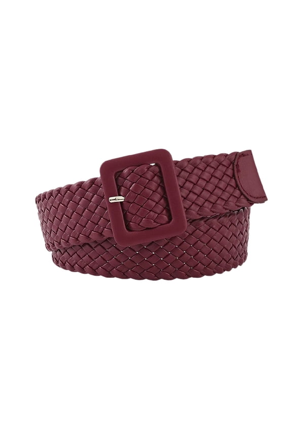 Women's Metal Web Belt Woven Braided Belt Raffia Faux Leather Casual Thick Fashion Straw Braid Rattan Webbing Belt Burgundy X-Small-Large