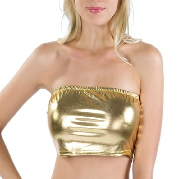 SWSMCLT Women's Metallic Crop Tops Bandeau Tube Top Soft Shiny Strapless Rave Halloween Sexy Smooth Fitted Golden Small