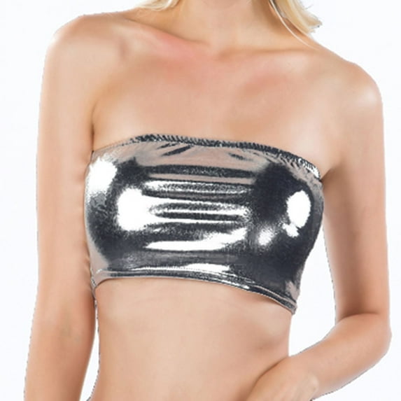 SWSMCLT Women's Metallic Crop Tops Bandeau Tube Top Soft Shiny Strapless Rave Halloween Sexy Smooth Fitted Grey Medium