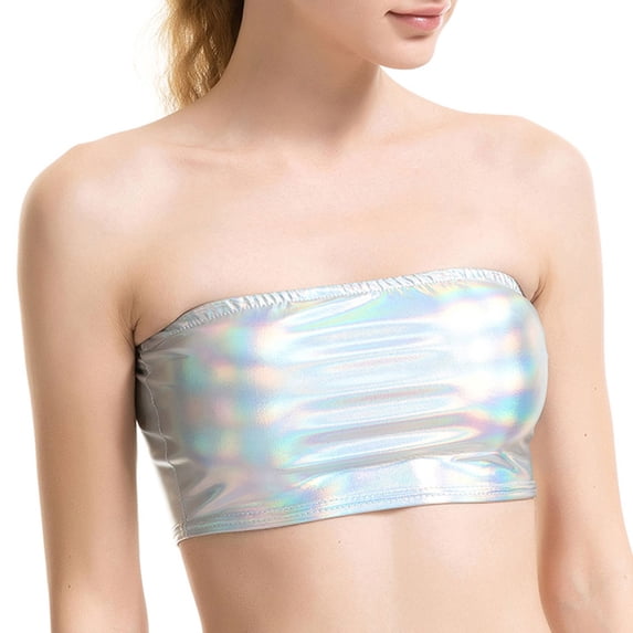 SWSMCLT Women's Metallic Crop Tops Bandeau Tube Top Soft Shiny Strapless Rave Halloween Sexy Smooth Fitted Light Blue Small