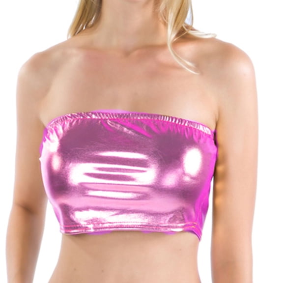 SWSMCLT Women's Metallic Crop Tops Bandeau Tube Top Soft Shiny Strapless Rave Halloween Sexy Smooth Fitted Pink Medium
