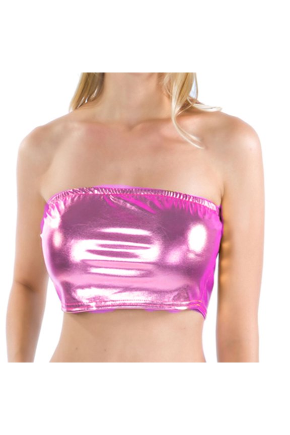 Women's Metallic Crop Tops Bandeau Tube Top Soft Shiny Strapless Rave Halloween Sexy Smooth Fitted Pink Medium