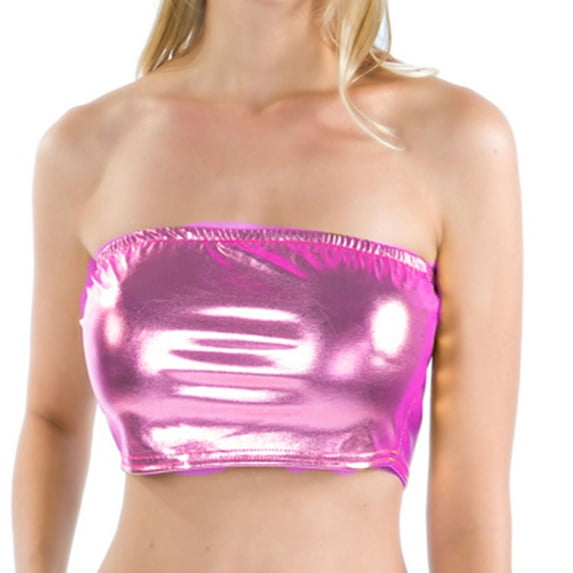 SWSMCLT Women's Metallic Crop Tops Bandeau Tube Top Soft Shiny Strapless Rave Halloween Sexy Smooth Fitted Pink Small