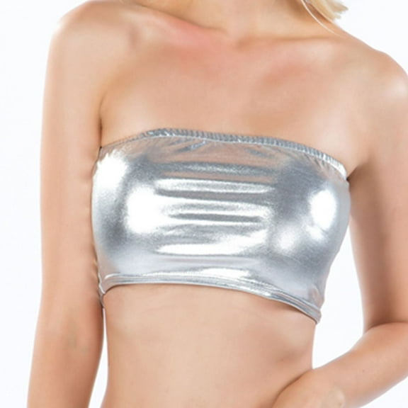 SWSMCLT Women's Metallic Crop Tops Bandeau Tube Top Soft Shiny Strapless Rave Halloween Sexy Smooth Fitted Silver Small
