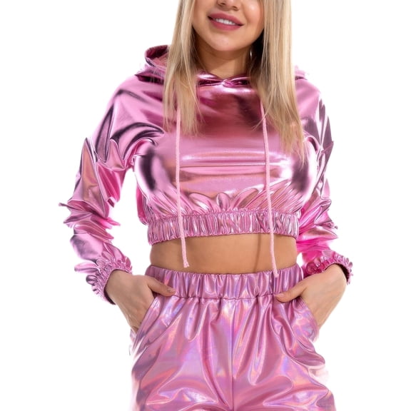 SWSMCLT Women's Metallic Hoodie Long Sleeve Crop Top Workout Shirt Dance Party Club Hooded Sweatshirt Shiny Cropped Top Pink X-Small