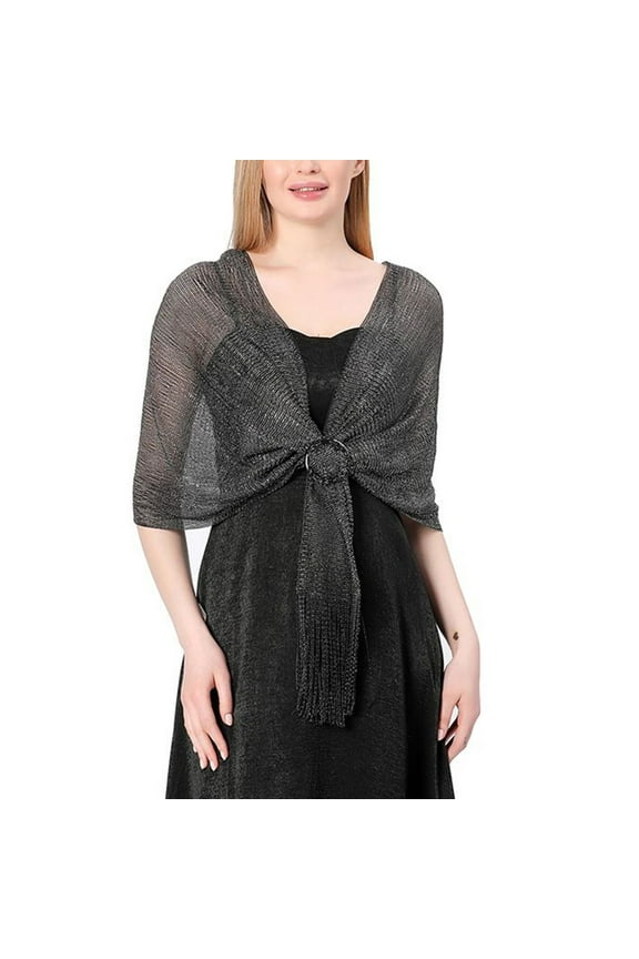 Women's Metallic Shawls & Wraps Wedding Wrap Scarf Sheer Fringe Silver Cardigan Soft Elegant Formal Black Silver One Size
