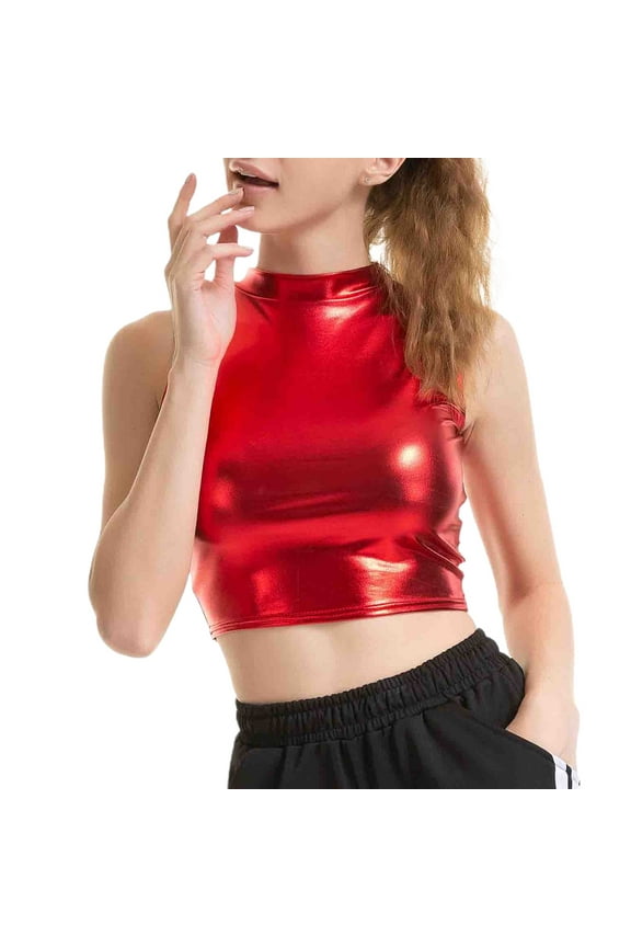 Women's Metallic Shirt Soft Stretch Workout Crop Tank Top High Neck Fitted Fashion Dance Halter Sleeveless Cropped Top Red X-Large