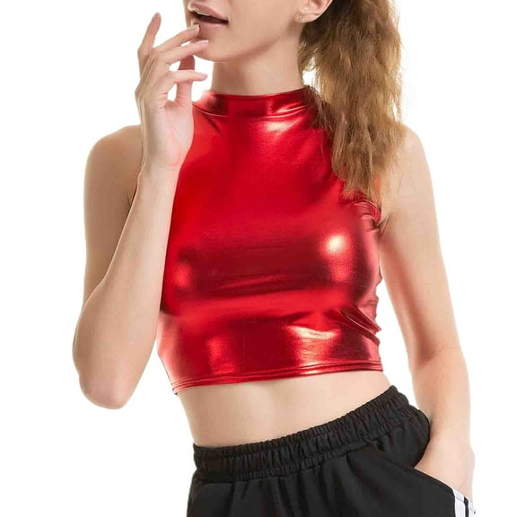 SWSMCLT Women's Metallic Shirt Soft Stretch Workout Crop Tank Top High Neck Fitted Fashion Dance Halter Sleeveless Cropped Top Red X-Small