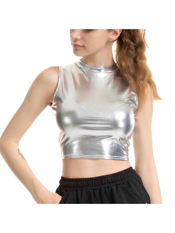Women's Metallic Shirt Soft Stretch Workout Crop Tank Top High Neck Fitted Fashion Dance Halter Sleeveless Cropped Top Silver X-Small