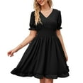 thumbnail image 1 of SWSMCLT Women's Midi Dress Casual Dresses Summer Ruffle Swing Dress Cute Ruched Puff Sleeve Short Sleeve Black Medium, 1 of 4