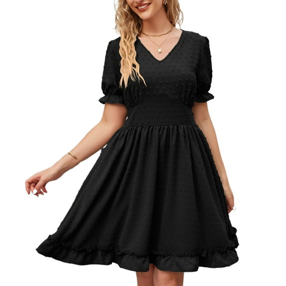 SWSMCLT Women's Midi Dress Casual Dresses Summer Ruffle Swing Dress Cute Ruched Puff Sleeve Short Sleeve Black Medium