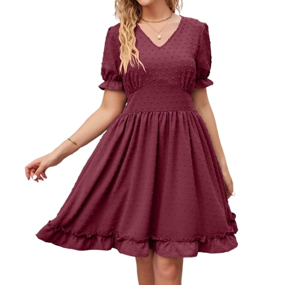 SWSMCLT Women's Midi Dress Casual Dresses Summer Ruffle Swing Dress Cute Ruched Puff Sleeve Short Sleeve Burgundy Medium