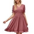 thumbnail image 1 of SWSMCLT Women's Midi Dress Casual Dresses Summer Ruffle Swing Dress Cute Ruched Puff Sleeve Short Sleeve Dark Pink Small, 1 of 4