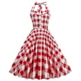 thumbnail image 1 of SWSMCLT Women's Midi Dresses Long Swing Casual Vintage Sundress Fitted Halter Swing Dress Date Night High Waist Red White grid Large, 1 of 4