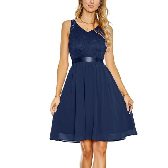 SWSMCLT Women's Midi Dresses Summer Dress Semi Formal Evening Gown Prom Vintage A Line Ruched V Neck Party Navy Medium