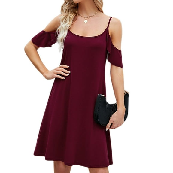 SWSMCLT Women's Midi Dresses Summer Sundress Off The Shoulder Ruffle Dress Spring Cute Casual High Waist Burgundy Small