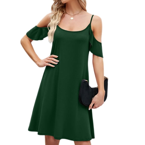 SWSMCLT Women's Midi Dresses Summer Sundress Off The Shoulder Ruffle Dress Spring Cute Casual High Waist Green Large