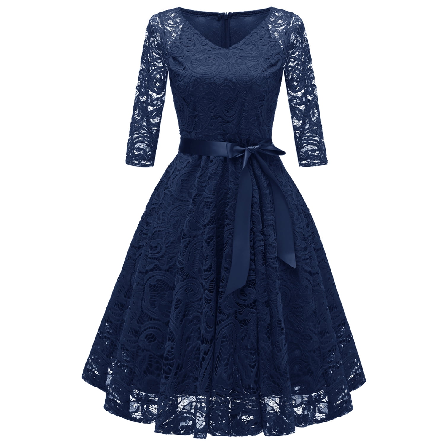 Swsmclt Women's Midi Lace Dress V Neck Short Illusion Quarter Sleeve Swing Dinner Evening Cocktail Party Homecoming Skater Dress Flowy Billowy Pleated