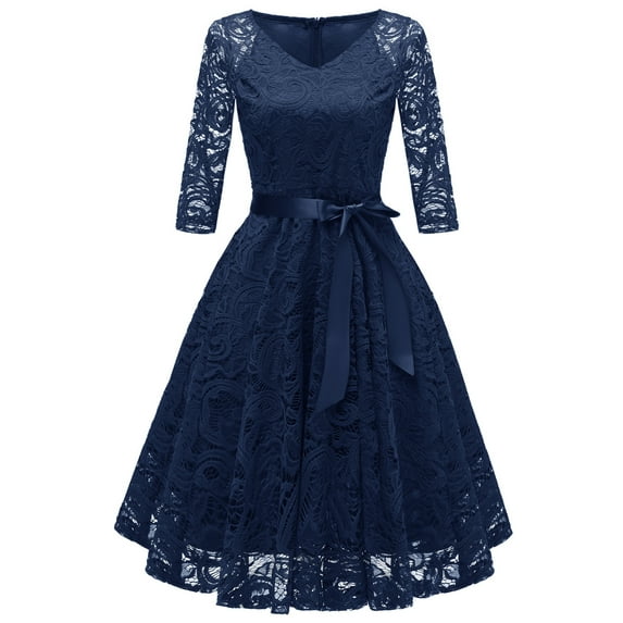 SWSMCLT Women's Midi Lace Dress V Neck Short Illusion Quarter Sleeve Swing Dinner Evening Cocktail Party Homecoming Skater Dress Flowy Billowy Pleated Overlay Luxury Formal Navy Small