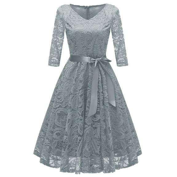 SWSMCLT Women's Midi Lace Dress V Neck Short Illusion Quarter Sleeve Swing Dinner Evening Cocktail Party Homecoming Skater Dress Flowy Billowy Pleated Overlay Luxury Formal Grey X-Large