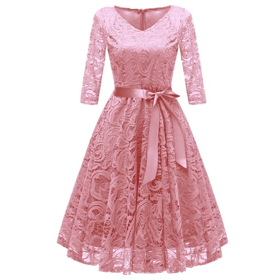 SWSMCLT Women's Midi Lace Dress V Neck Short Illusion Quarter Sleeve Swing Dinner Evening Cocktail Party Homecoming Skater Dress Flowy Billowy Pleated Overlay Luxury Formal Pink X-Large