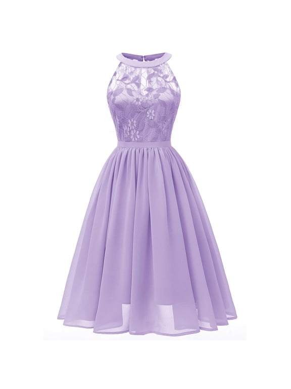 Women's Midi Party Dress Ladies Vintage Chiffon Lace High Neck Knee Length Sleeveless Formal Cocktail Prom Evening Gown Ruffle Homecoming Pleated Dress Light Purple XX-Large