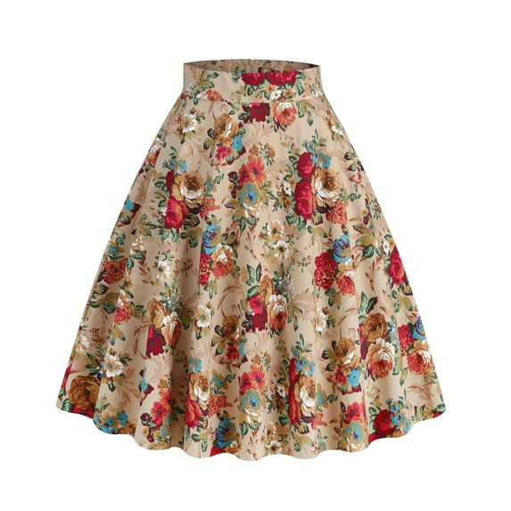 SWSMCLT Women's Midi Skirt Vintage High Waist Peasant Floral Printed Summer Pleated Cotton Casual Fall Fashion Basic Apricot X-Large