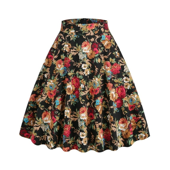 SWSMCLT Women's Midi Skirt Vintage High Waist Peasant Floral Printed Summer Pleated Cotton Casual Fall Fashion Basic Black Apricot Large