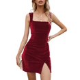 thumbnail image 1 of SWSMCLT Women's Mini Bodycon Dress Summer Fitted Club Date Night Cocktail Velvet Sleeveless Backless Sexy Square Neck Fashion Side Slit Short Party Dresses Burgundy Medium, 1 of 4