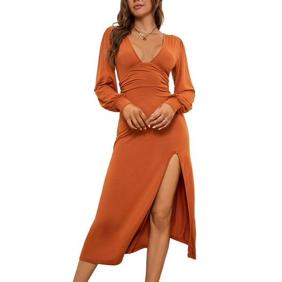 SWSMCLT Women's Mini Dress Party Winter Fitted Fall Deep V Neck Long Sleeve Dresses Long Bodycon High Slit Dress Caramel Large