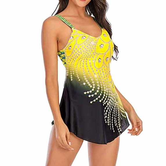 SWSMCLT Women's Modest Tankini Plus Size 2 Piece Swimsuit Backless Beach Summer Deep V Neck Swimwear Yellow 22