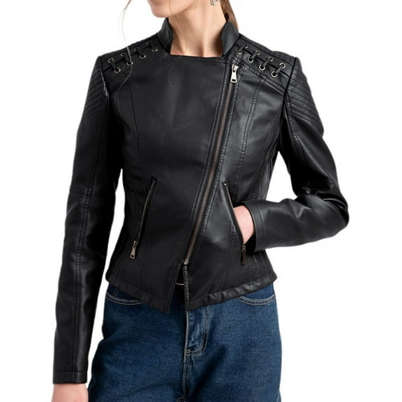 SWSMCLT Women's Motorcycle Jacket Long Sleeve V Neck Zip Up Moto Jacket Coat Faux Suede Leather Jacket Fall Fashion Slim Fit Short Black 16-18