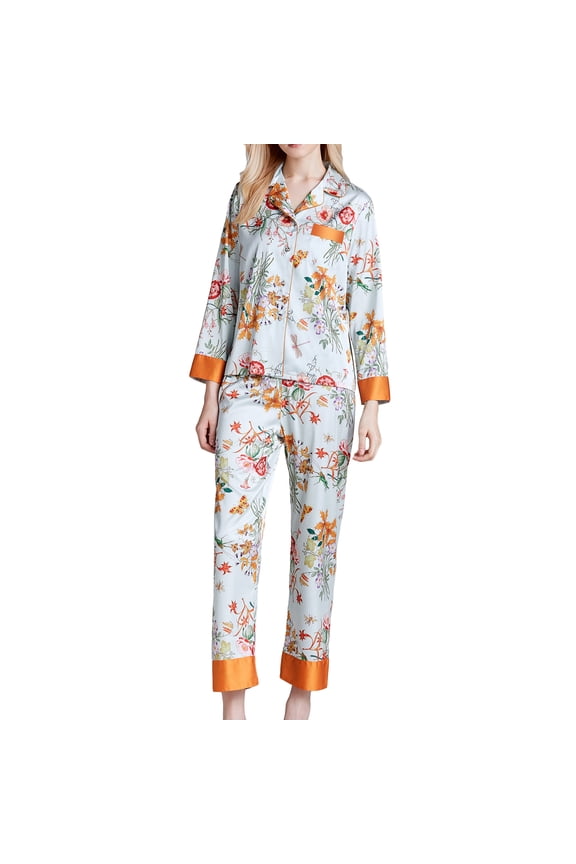 SWSMCLT Women's Notch Collar Pajama Set Satin Nightwear Floral Print Loungewear Button Down Long Sleeve Pant Sleepwear 2 Piece Pj Silk V Neck Green Small