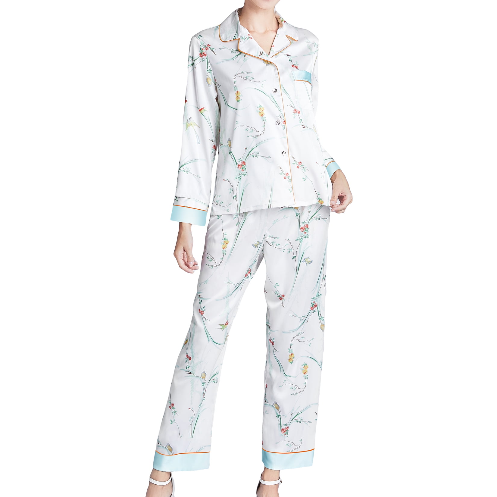 SWSMCLT Women's Notch Collar Pajama Set Satin Nightwear Floral Print ...