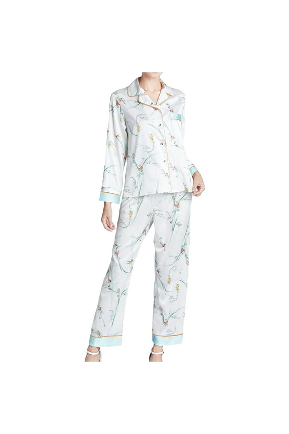 SWSMCLT Women's Notch Collar Pajama Set Satin Nightwear Floral Print Loungewear Button Down Long Sleeve Pant Sleepwear 2 Piece Pj Silk V Neck White Large