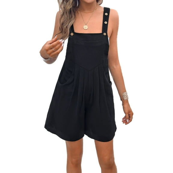 SWSMCLT Women's One Piece Romper Casual Jumper Square Neck Rompers Spring Summer Fall Cotton Linen Fashion Pleated Black Large