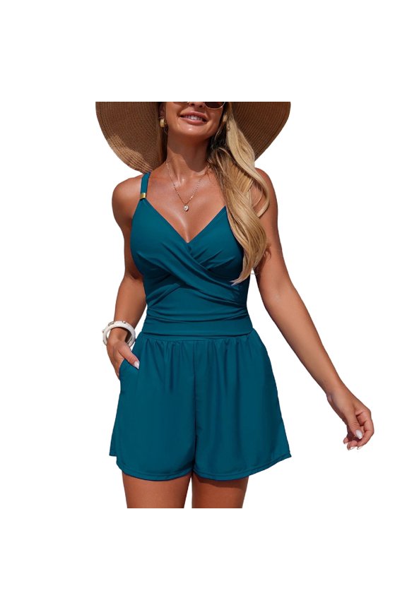 Women's One Piece Swimsuit Padded Bathing Suit Ruched Backless High Waisted Cross Boyshort V Neck Swimwear Peacock Blue Small