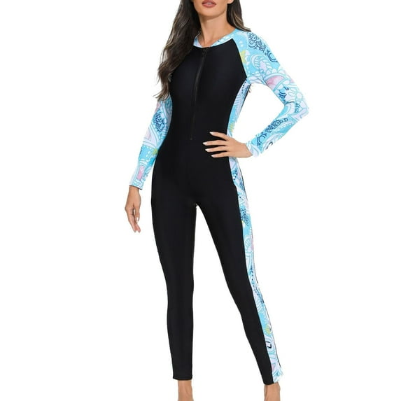 SWSMCLT Women's One Piece Zip Up Swimsuit Rash Guard High Neck Surfing Diving Spearfishing Cold Water Swimming Wetsuit Wet Suit Long Sleeve Warm Swimwear Blue 14