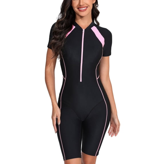SWSMCLT Women's One Piece Zipper Rash Guard Swimsuit Swimming Scuba Rashguard Modest Swimwear Full Zip Up Short Sleeve Bathing Suit Beach Boyleg Shorts Padded Surfing Lap Pink 12