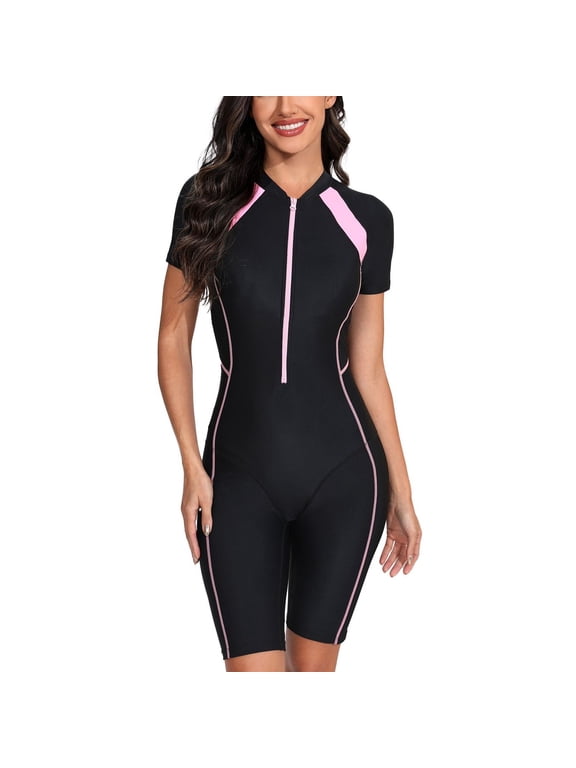 Women's One Piece Zipper Rash Guard Swimsuit Swimming Scuba Rashguard Modest Swimwear Full Zip Up Short Sleeve Bathing Suit Beach Boyleg Shorts Padded Surfing Lap Pink 12