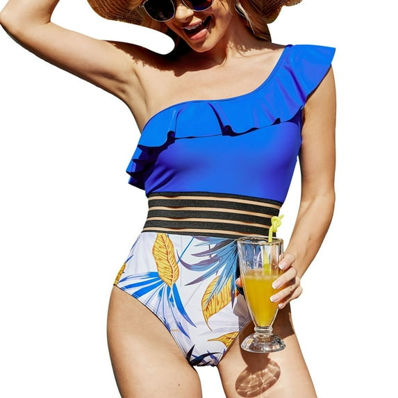 SWSMCLT Women's One Shoulder Ruffle High Cut One Piece Mesh Swimsuit Fashion Bathing Suit Floral Flounce Beach Cheeky Swimsuit Royal Blue 14