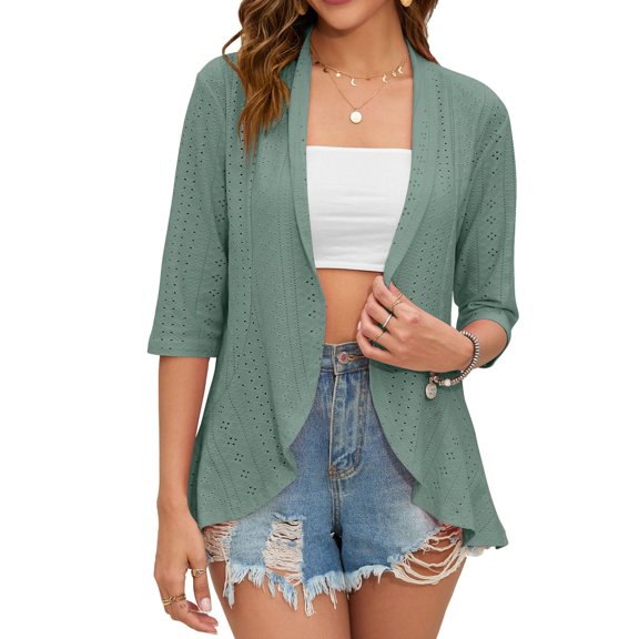 SWSMCLT Women's Open Front Cardigan Work Soft Fashion V Neck Top Casual Ruffle Cut Out Spring 3/4 Sleeve Slim Fit Cape Green Medium
