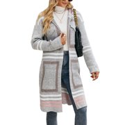 SWSMCLT Womens Open Front Thick V Neck Fashion Long Sleeve Cardigan Hooded Knee Length Duster Cardigan Sweaters Knitwear Grey Medium