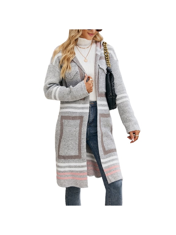 Women's Open Front Thick V Neck Fashion Long Sleeve Cardigan Hooded Knee Length Duster Cardigan Sweaters Knitwear Grey Medium
